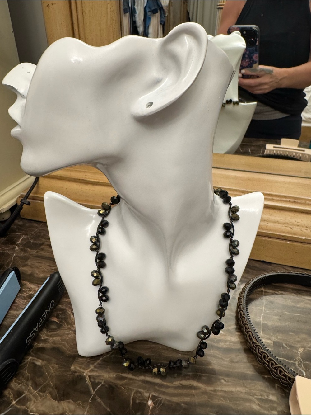 Black Beaded Necklace with Antique Gold Accents